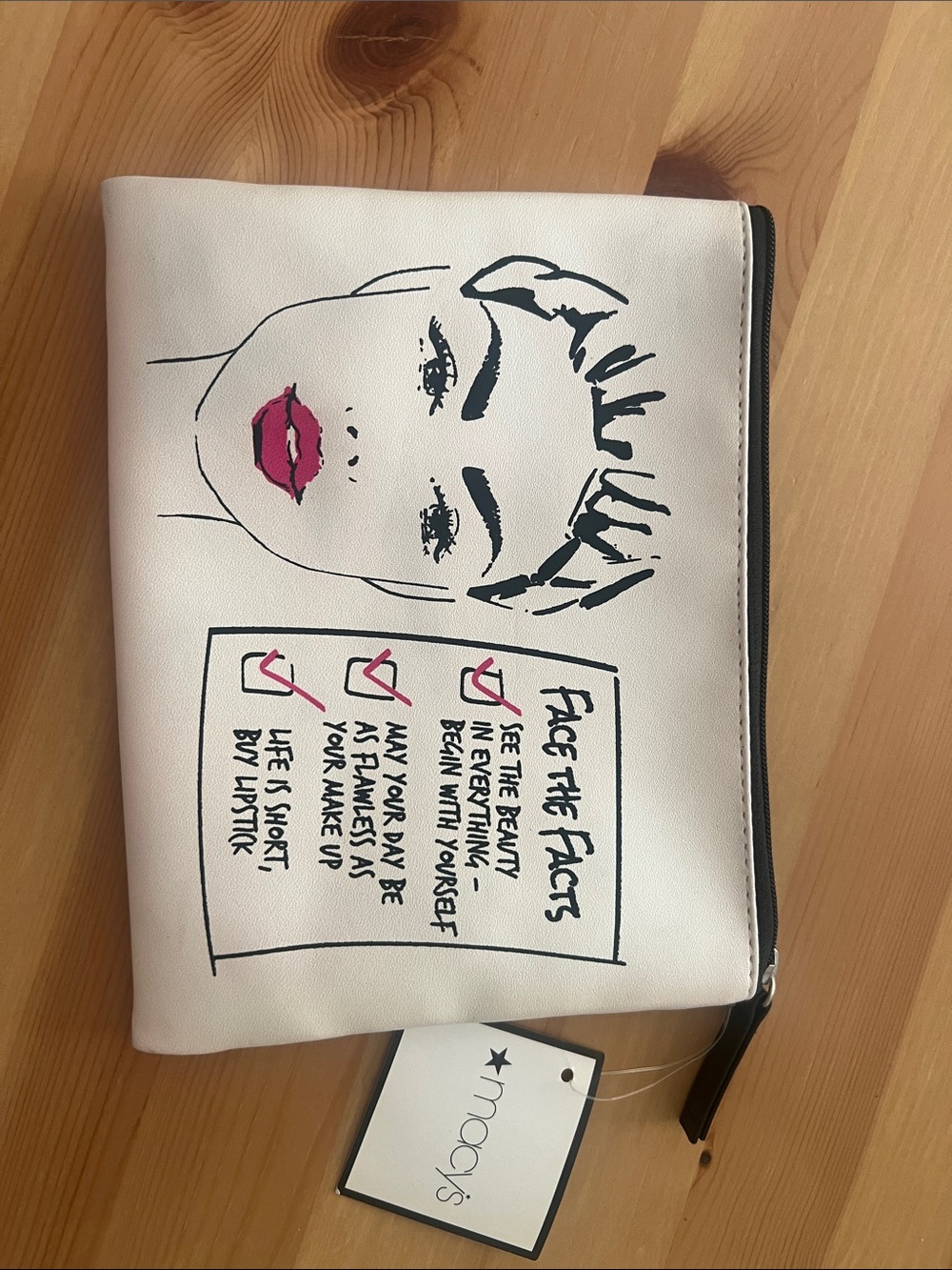 Macy's Off White Cosmetic Pouch with Pink Lip & Black Graphic